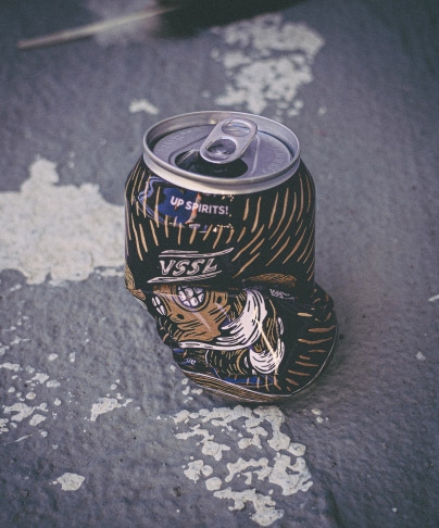 Crushed can of VSSL beer